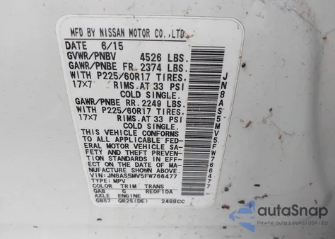 2015 Nissan Rogue Select S z USA, uszkodzony, nr VIN JN8AS5MV5FW766477